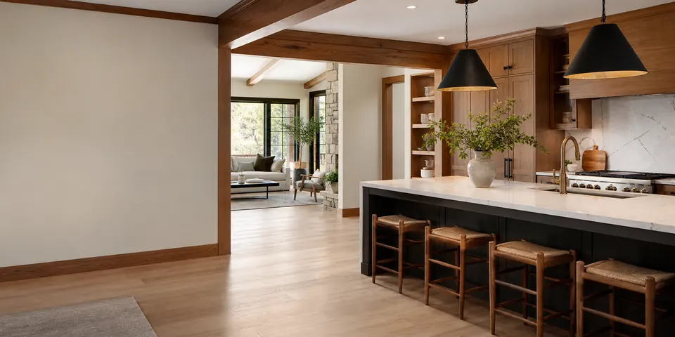 Remodeled kitchen with warm wood cabinets, stone counters, and bright natural light